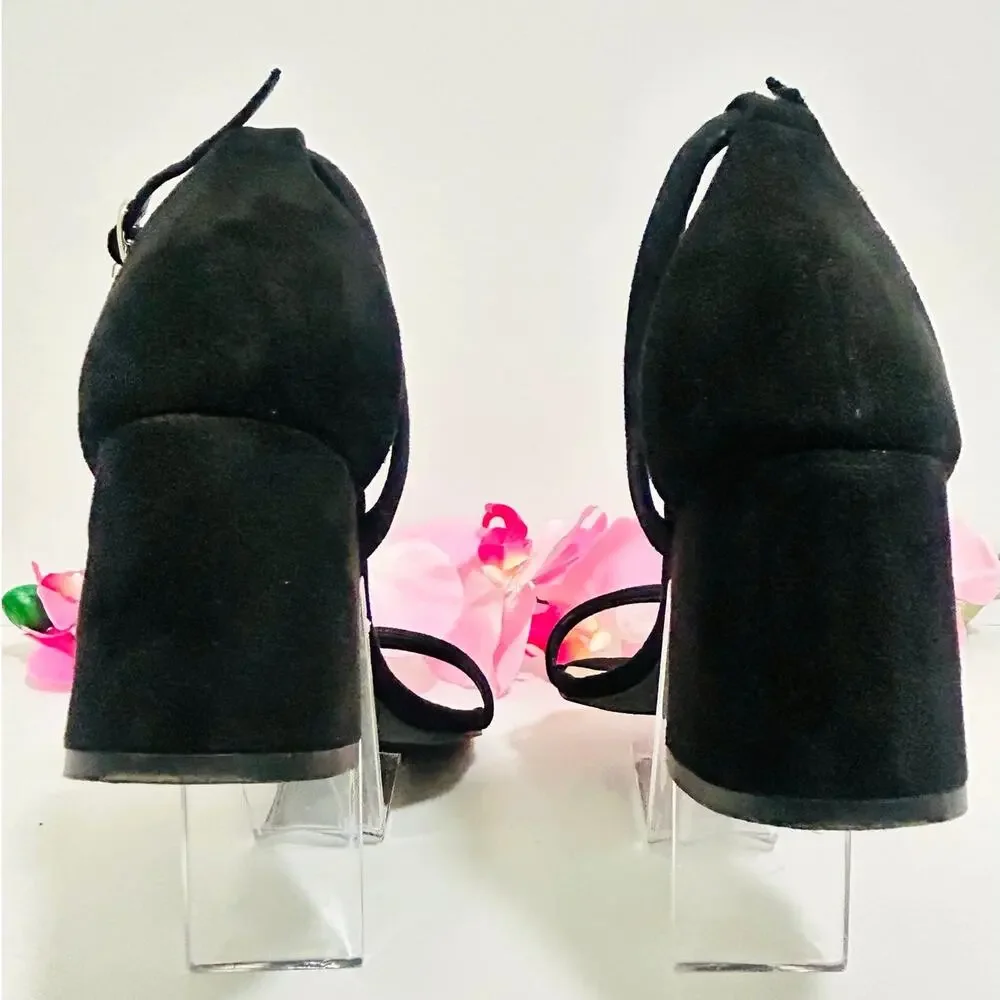 Lulus Danielia Black Faux Suede Block Heel Ankle Strap Sandals NWT 7.5